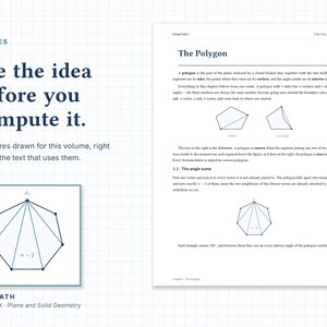 Puede incluir: Una p&aacute;gina del libro de texto Ace Math Volume IX Plane and Solid Geometry con el texto See the idea before you compute it, 31 figures drawn for this volume, y una explicaci&oacute;n detallada de pol&iacute;gonos con diagramas geom&eacute;tricos.