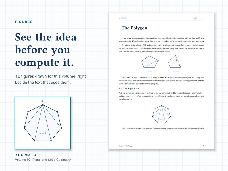 Puede incluir: Una p&aacute;gina del libro de texto Ace Math Volume IX Plane and Solid Geometry con el texto See the idea before you compute it, 31 figures drawn for this volume, y una explicaci&oacute;n detallada de pol&iacute;gonos con diagramas geom&eacute;tricos.