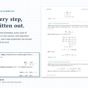 Puede incluir: Una p&aacute;gina del libro de texto Ace Math Volume IX Plane and Solid Geometry con ejemplos resueltos. El texto dice: Every step, written out. 66 worked examples, every type of problem in the volume. One operation per line, each step explained.