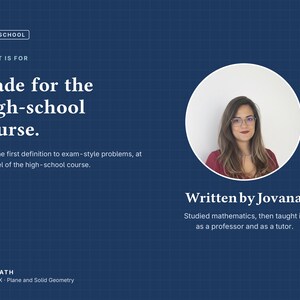 Puede incluir: Un gr&aacute;fico educativo azul oscuro titulado High School, Made for the high-school course. Incluye texto sobre el plan de estudios de matem&aacute;ticas, un retrato circular de una persona y la etiqueta Written by Jovana, Ace Math Volume IX.
