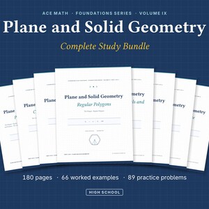 Puede incluir: Un conjunto de ocho gu&iacute;as de estudio blancas tituladas Plane and Solid Geometry, parte de la serie Ace Math Foundations Volumen IX. Las portadas presentan l&iacute;neas de cuadr&iacute;cula, texto y formas geom&eacute;tricas. El paquete incluye 180 p&aacute;ginas, 66 ejemplos resueltos y 89 problemas de pr&aacute;ctica para nivel preparatoria.