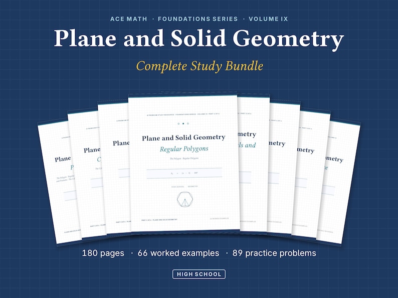 Puede incluir: Un conjunto de ocho gu&iacute;as de estudio blancas tituladas Plane and Solid Geometry, parte de la serie Ace Math Foundations Volumen IX. Las portadas presentan l&iacute;neas de cuadr&iacute;cula, texto y formas geom&eacute;tricas. El paquete incluye 180 p&aacute;ginas, 66 ejemplos resueltos y 89 problemas de pr&aacute;ctica para nivel preparatoria.