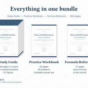 Puede incluir: Un paquete de materiales educativos titulado Everything in one bundle, que incluye una gu&iacute;a de estudio, un libro de ejercicios y una referencia de f&oacute;rmulas de geometr&iacute;a plana y s&oacute;lida. El conjunto contiene 180 p&aacute;ginas en total, bajo la marca ACE MATH Volume IX.