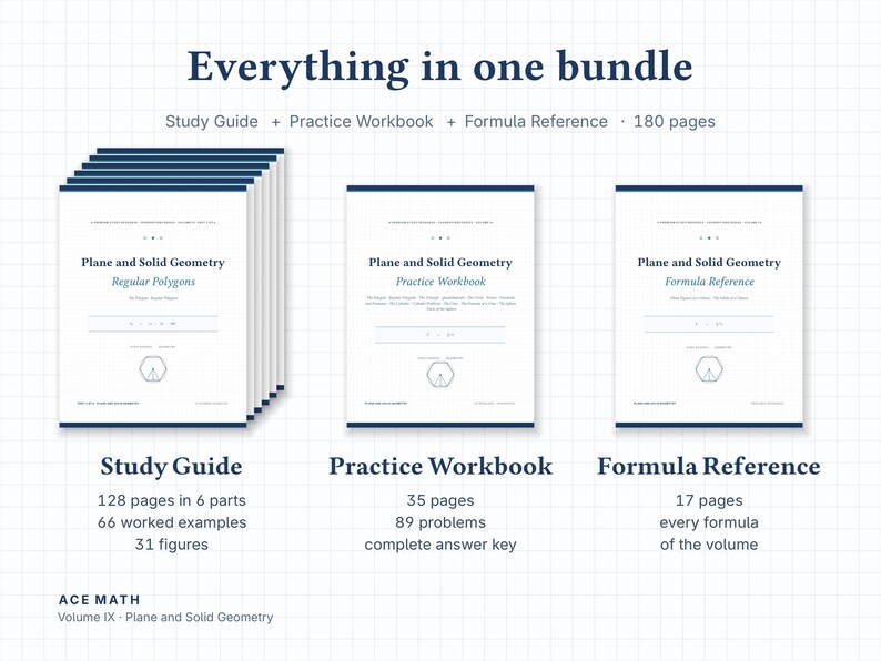 Puede incluir: Un paquete de materiales educativos titulado Everything in one bundle, que incluye una gu&iacute;a de estudio, un libro de ejercicios y una referencia de f&oacute;rmulas de geometr&iacute;a plana y s&oacute;lida. El conjunto contiene 180 p&aacute;ginas en total, bajo la marca ACE MATH Volume IX.