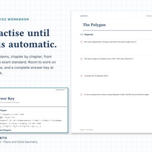 Puede incluir: Un libro de ejercicios titulado Ace Math Volume IX Plane and Solid Geometry. La p&aacute;gina muestra problemas matem&aacute;ticos sobre pol&iacute;gonos y diagonales, con una secci&oacute;n de respuestas. El texto incluye Practise until it is automatic.