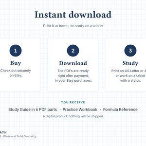 Puede incluir: Una gu&iacute;a de estudio digital titulada Ace Math Volume IX - Plane and Solid Geometry. El gr&aacute;fico describe un proceso de tres pasos: 1 Buy, 2 Download, 3 Study. Incluye una gu&iacute;a de estudio en 6 partes PDF, un libro de ejercicios y una hoja de f&oacute;rmulas.