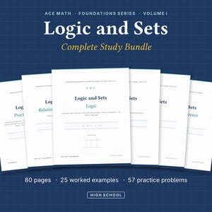Könnte beinhalten: Ein Lernpaket mit dem Titel Ace Math Foundations Series Volume I Logic and Sets. Das Set enthält mehrere weiße Hefte mit kariertem Hintergrund, dunkelblauem Text und Überschriften. Es umfasst 80 Seiten, 25 ausgearbeitete Beispiele und 57 Übungsaufgaben.