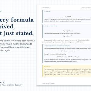 Puede incluir: Una p&aacute;gina del libro de texto Ace Math Volume IX Plane and Solid Geometry. El texto dice: Every formula derived, not just stated. The theory told in full. Incluye f&oacute;rmulas matem&aacute;ticas para la esfera, el casquete y el segmento.
