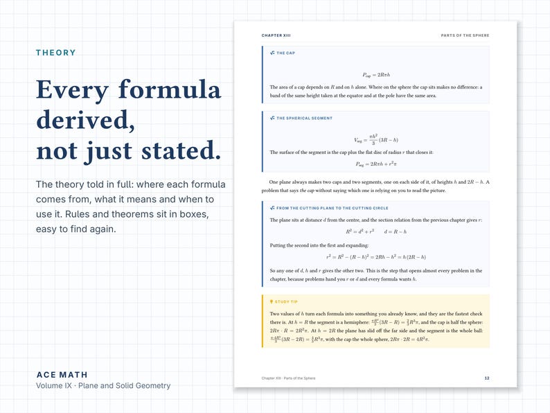 Puede incluir: Una p&aacute;gina del libro de texto Ace Math Volume IX Plane and Solid Geometry. El texto dice: Every formula derived, not just stated. The theory told in full. Incluye f&oacute;rmulas matem&aacute;ticas para la esfera, el casquete y el segmento.