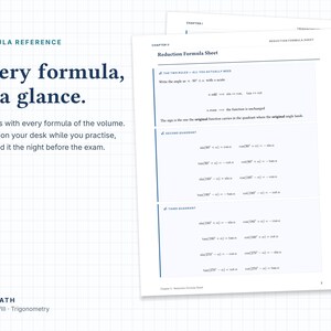 May include: A nine-page math reference guide titled Formula Reference, featuring a Reduction Formula Sheet with trigonometric identities, printed on white paper with a grid background and dark blue text.