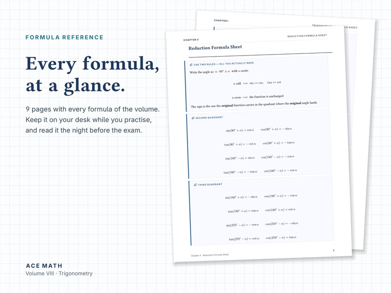 May include: A nine-page math reference guide titled Formula Reference, featuring a Reduction Formula Sheet with trigonometric identities, printed on white paper with a grid background and dark blue text.