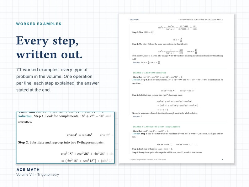 May include: A page from Ace Math Volume VIII Trigonometry featuring worked examples with step-by-step explanations. The text reads Every step, written out, 71 worked examples, every type of problem in the volume, one operation per line.