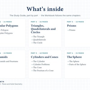 Puede incluir: Un documento con patr&oacute;n de cuadr&iacute;cula blanca titulado What's inside, que enumera seis partes de una gu&iacute;a de estudio de matem&aacute;ticas. Detalla cap&iacute;tulos sobre pol&iacute;gonos regulares, tri&aacute;ngulos, cuadril&aacute;teros, c&iacute;rculos, prismas, pir&aacute;mides, cilindros, conos y la esfera, etiquetado ACE MATH Volume IX.