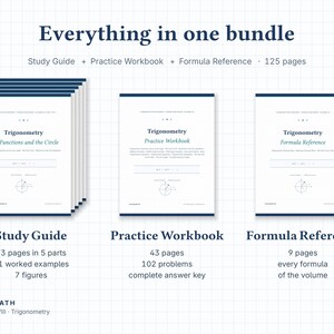 May include: A trigonometry study bundle featuring a study guide, practice workbook, and formula reference. The set includes 125 pages total, with text detailing 73 pages for the guide, 43 for the workbook, and 9 for the reference.