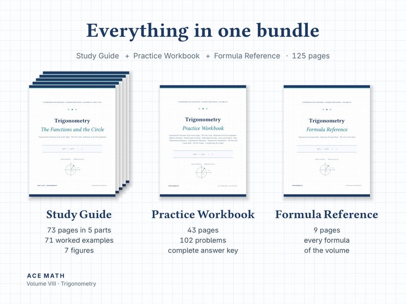 May include: A trigonometry study bundle featuring a study guide, practice workbook, and formula reference. The set includes 125 pages total, with text detailing 73 pages for the guide, 43 for the workbook, and 9 for the reference.