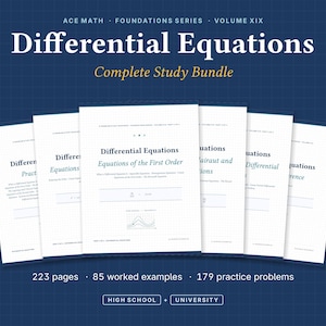以下が含まれることがあります： Differential Equations Complete Study Bundle, Ace Math Foundations Series Volume XIXというタイトルの6冊の白い学習ガイドセット。表紙にはグリッドパターン、数学的なテキスト、グラフが描かれています。高校および大学レベル向けの223ページ、85の解答例、179の練習問題が含まれています。