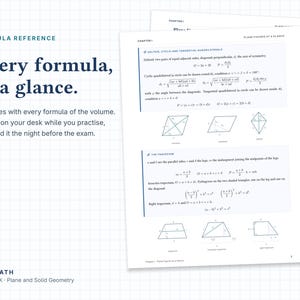 Puede incluir: Una gu&iacute;a de referencia de 17 p&aacute;ginas de f&oacute;rmulas matem&aacute;ticas titulada Ace Math Volume IX - Plane and Solid Geometry. El documento incluye el texto Every formula, at a glance, junto con diagramas geom&eacute;tricos de cuadril&aacute;teros.