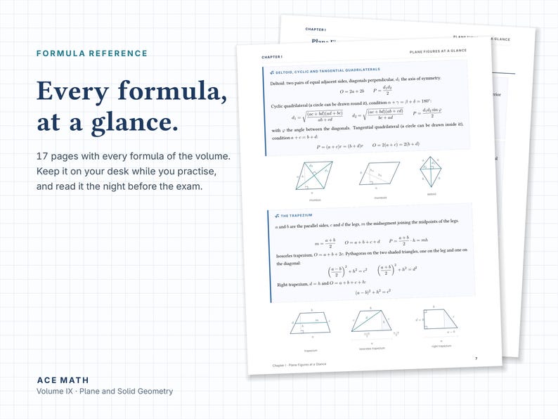 Puede incluir: Una gu&iacute;a de referencia de 17 p&aacute;ginas de f&oacute;rmulas matem&aacute;ticas titulada Ace Math Volume IX - Plane and Solid Geometry. El documento incluye el texto Every formula, at a glance, junto con diagramas geom&eacute;tricos de cuadril&aacute;teros.
