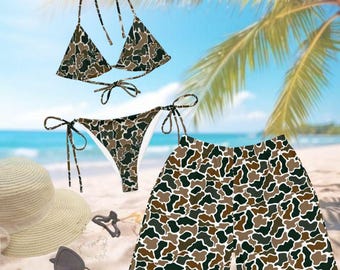 Matching Duck Camo Couples Swimwear, Bikini Tie Side Thong & Men’s Beach Shorts Set, Hawaiian Style Swimsuit, His and Hers Beachwear Gift