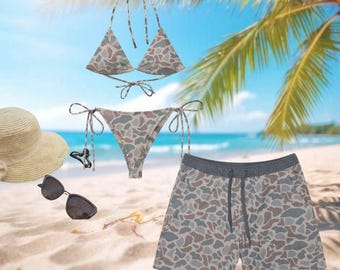 Classic Deer Camo Bikini & Shorts Set, Matching Couples Swimwear, Hunting Camo Beach Outfit, Summer Vacation Swimsuit, His and Hers Swim Set
