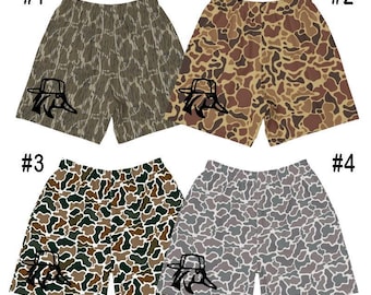 4 Different Camo Styles Duck Blind With Hat Bottomland Camo Old School Hawaiian Short, Swim Trunks, Underwear Beach Short, Casual Menswear