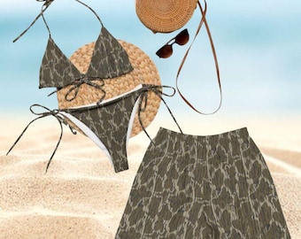 Matching Couples Camo Bottomland Swimsuits, Bikini Set Tie Side Thong & Men’s Beach Shorts, Hawaiian Style  Swimwear, Casual Beachwear Gift