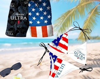 Matching Michelob ULTRA Couple Swimsuits Set, Bikini & Mens Beach Shorts, Summer Vacation Hawaiian Outfit, His and Hers Swimwear Gift