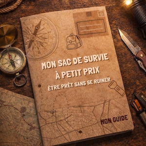 Peut inclure: Un guide de survie intitulé « MON SAC DE SURVIE À PETIT PRIX » avec une boussole, une carte et d'autres outils de survie sur une surface en bois. La couverture du guide présente une illustration de sac à dos et le texte « ÊTRE PRÊT SANS SE RUINER ».