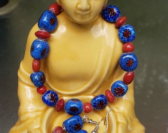 Red and blue glass bead bracelet