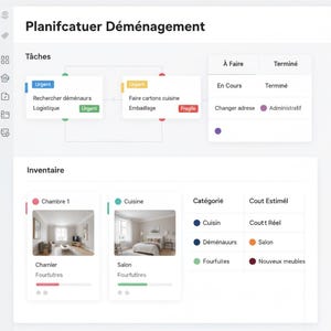 May include: A digital interface with the title "Planifcatuer Déménagement" and sections for tasks and inventory. The tasks are color-coded and include "Urgent" and "Fragile" labels. The inventory section displays room categories with images.