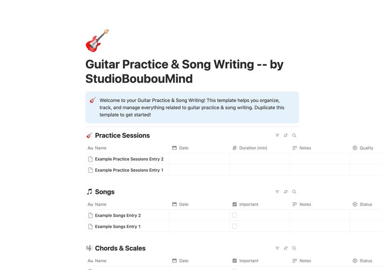 Guitar Practice & Song Writing Notion Template Dashboard Planner Tracker Gift Digital Download image 2