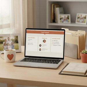 Può includere: Un laptop con l'interfaccia "FosterSphere" è su una scrivania di legno, accanto a una tazza con un cuore e una foto di famiglia incorniciata. File e una piccola pianta in vaso completano la scena.