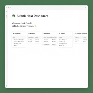 Peut inclure: Capture d'écran du tableau de bord Airbnb Host. Le tableau de bord affiche les annonces de propriétés, les réservations, les revenus, les informations sur les clients et un calendrier de nettoyage. Le texte comprend "Welcome back, Sarah!" et les détails de la location.