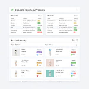Op de afbeelding: Een digitale tabel met huidverzorgingsroutine en productinventaris. De tabel is verdeeld in AM- en PM-routines, met producten zoals reinigers, serums en moisturizers. De productinventarissectie toont verschillende huidverzorgingsartikelen met hun status.