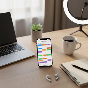 Op de afbeelding: Een werkplek met een laptop, een smartphone met een contentkalender, een koffiemok, een notitieboek en draadloze oordopjes. Een kleine vetplant en een ringlicht zijn ook zichtbaar op het lichtgekleurde houten bureau.