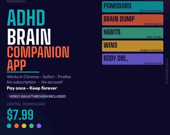 ADHS-Gehirnbegleiter-App – Interaktiver Planer – Pomodoro-Timer – Körperverdopplung – Gedankenspeicherung – Keine Installation erforderlich – Funktioniert im Browser – Digitaler Download