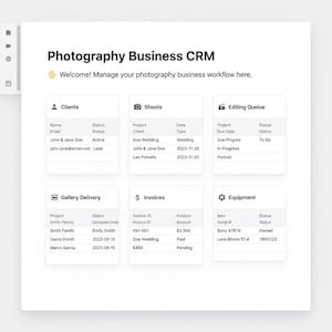 May include: Screenshot of a photography business CRM interface. The interface displays sections for clients, shoots, editing queue, gallery delivery, invoices, and equipment. Text includes "Photography Business CRM" and "Welcome! Manage your photography business workflow here."