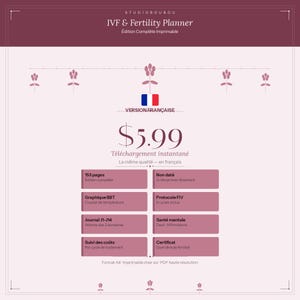Może przedstawiać: Drukowany planer IVF i płodności w języku francuskim, w cenie 5,99 $. Planer zawiera 153 strony, wykresy BBT, dziennik, afirmacje zdrowia psychicznego i certyfikat.