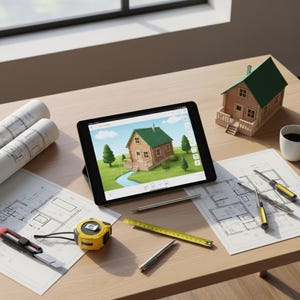 Peut inclure: Un bureau en bois présente des outils d'architecture et des plans. Une tablette affiche une conception de maison, à côté d'une maquette de maison. Un mètre ruban jaune, un cutter et une tasse de café sont également présents.
