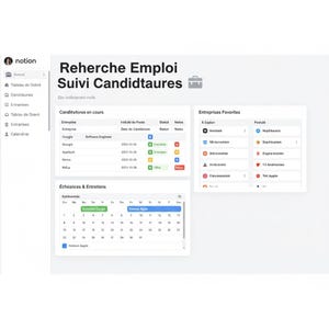 Può includere: Uno screenshot di un'area di lavoro di Notion, con una dashboard di ricerca di lavoro e monitoraggio dei candidati. L'interfaccia include sezioni per i candidati attuali, le aziende preferite e un calendario. Testo: "Reherche Emploi Suivi Candidtaures."