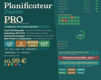Diabetes-Planer zum Ausdrucken, 160 Seiten, Blutzuckertagebuch, HbA1c-Tracker, Kohlenhydratzählung, Insulin (Typ 1, Typ 2), Digitaler Download (Französisches PDF)
