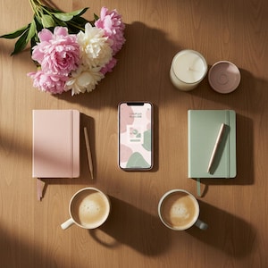 May include: A wooden surface with a bouquet of pink and white peonies, two journals, two pens, two mugs of coffee, a lit candle, a small dish, and a smartphone displaying "COUPLES PLANNER".