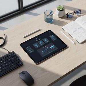 May include: A contemporary workspace with a tablet showing a dark interface with icons and data displays. A wireless keyboard, mouse, and stylus are present. Other items include glasses, a notebook, a small succulent plant, and a glass of water.