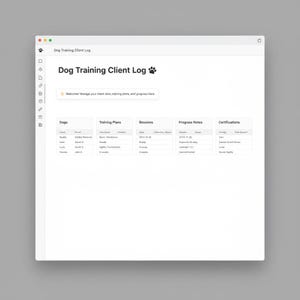 Può includere: Uno schermo di computer bianco mostra un'interfaccia "Dog Training Client Log". L'interfaccia include sezioni per cani, piani di addestramento, sessioni, note di progresso e certificazioni. È visibile anche il testo "Welcome! Manage your client data, training plans, and progress here".