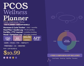 PCOS Planner Printable 150 Pages Hormone Tracker Cycle Log Meal Plan Fertility TTC Journal Insulin Resistance SOPK Digital Download en-fr
