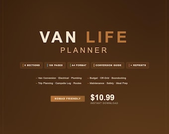 Vanlife-Planer zum Ausdrucken, Checkliste für den Camperausbau, Reisetagebuch, Leitfaden für autarkes Campen abseits der Zivilisation, Budgetplaner für digitale Nomaden (PDF, A4)