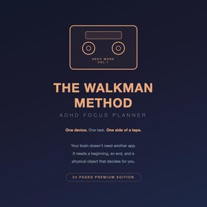 May include: A navy blue graphic design featuring the text "THE WALKMAN METHOD" and "ADHD FOCUS PLANNER". The design includes a cassette tape illustration and the text "24 PAGES PREMIUM EDITION".