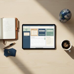 Peut inclure: Scène de bureau avec une tablette affichant une interface de planificateur, un carnet en cuir, un stylo, des cartes de visite, un globe et une tasse de café. La tablette affiche un calendrier et des rendez-vous. Les objets sont disposés sur une surface en bois clair.
