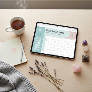 Può includere: Una composizione piatta con un tablet che mostra il calendario "RSD REWIRE PLANNER". Una tazza di tè, un taccuino con un cuore, una penna, cristalli, rametti di lavanda e un maglione grigio sono disposti su una superficie di legno chiaro.