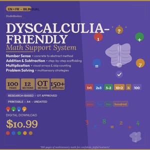 Dyscalculia Math Support System 100 Pages English + French Worksheets Number Sense Addition Multiplication - Dyscalculia Printable Download